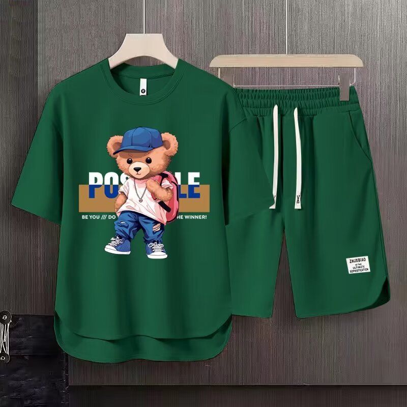 Men's Clothing 2024 Waffle Casual Summer Suit Men's Loose Teen Short sleeved T shirt Shorts Handsome Two piece Suit_autovado.com