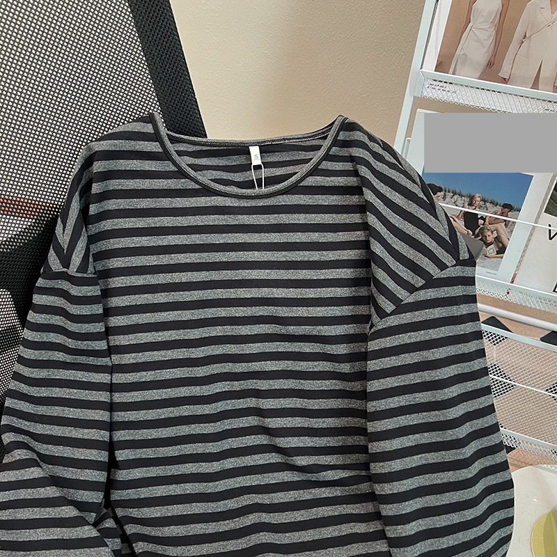Women's Clothing shirt striped spring and autumn thin long sleeved T shirt women's medium long round neck loose large size women's clothing_autovado.com
