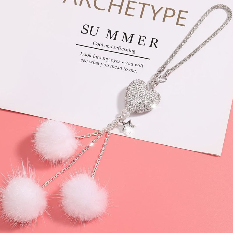 New Heart Hair Ball Rearview Mirror Decoration Car Diamond Pendant Female_autovado.com