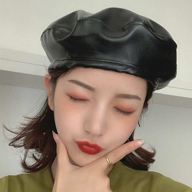 Hot Sale Vintage Women Solid PU Leather Beret French Artist Warm Beanie High Fashion Winter Ski Cap Lady All-Match Hat_autovado.com