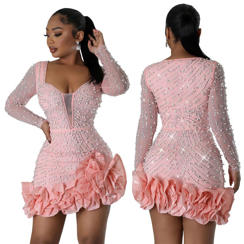 Women's Clothing Hot Diamond And Bubble Bead Dress Short Skirt For Women, Fashionable Long Sleeves And Square Collar_autovado.com