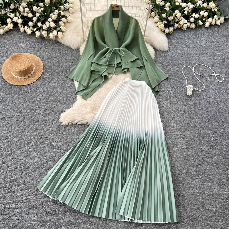 Ruffled Butterfly Sleeve Gradient Tie Cape Short Coat Top + Gradient Pleated Skirt Two-piece Suit_autovado.com