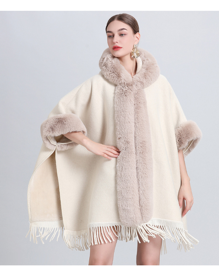 loose plaid plus velvet thick fur collar knitted shawl cape women's woolen shawl coat_autovado.com