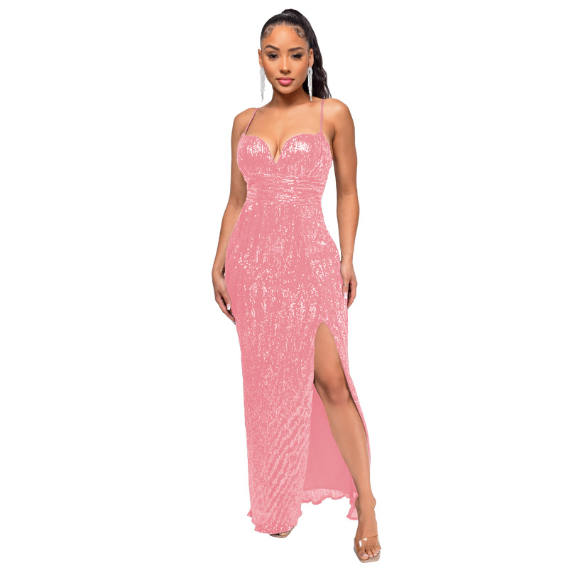 Women's summer slit backless hot girl dress sequined sleeveless suspender skirt women_autovado.com