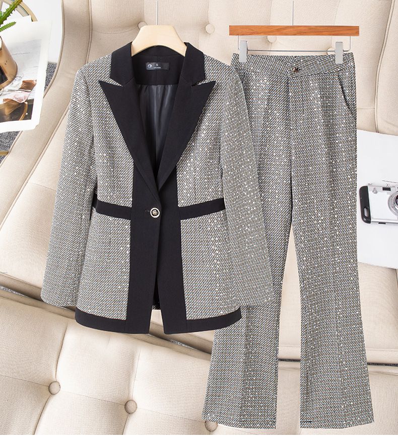 Women's Clothing high-end slim slimming heavy work sequins professional Plaid color matching suit_autovado.com
