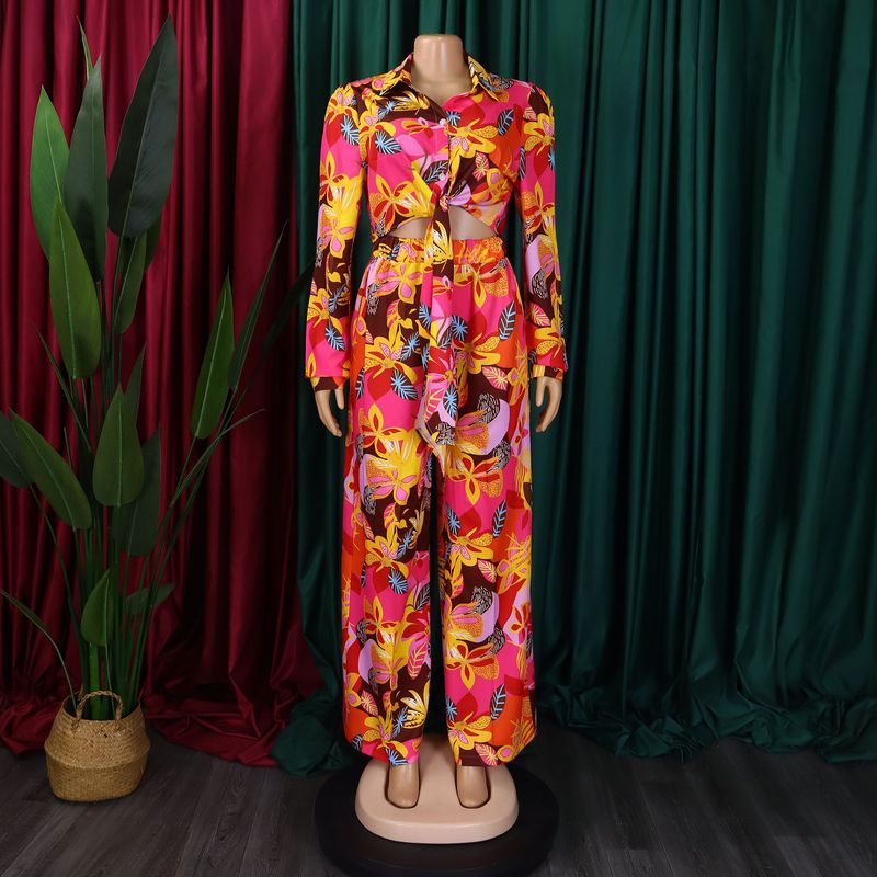 Women's Fashion Print Two-piece Suit Lapel Tie Shirt Wide Leg Pants Suit_autovado.com