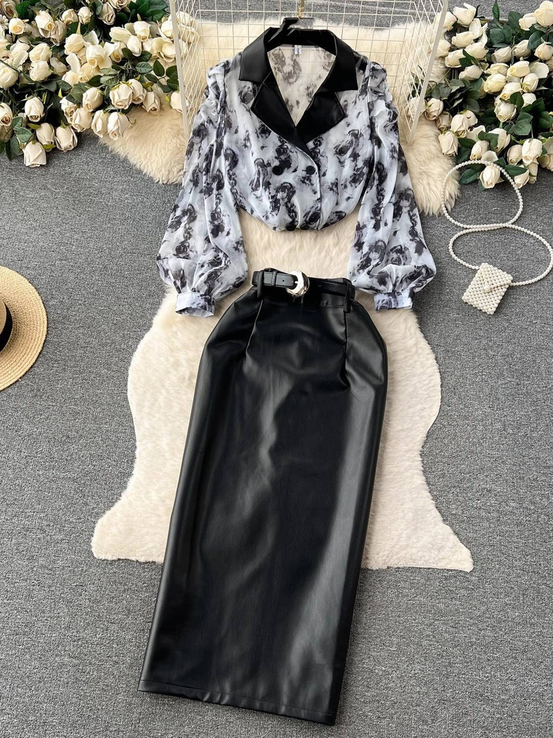 Women's Clothing collar floral chiffon shirt high waist tight PU leather skirt female high end outfit two piece suit_autovado.com