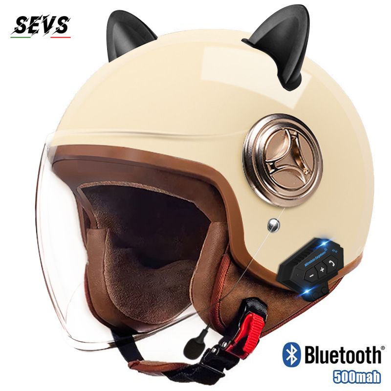 3/4 Motorcycle Helmet With Bluetooth & Cat-Ear Design – Lightweight ABS Shell, 3C Certified, Transparent Visor (Unisex Adult)_autovado.com