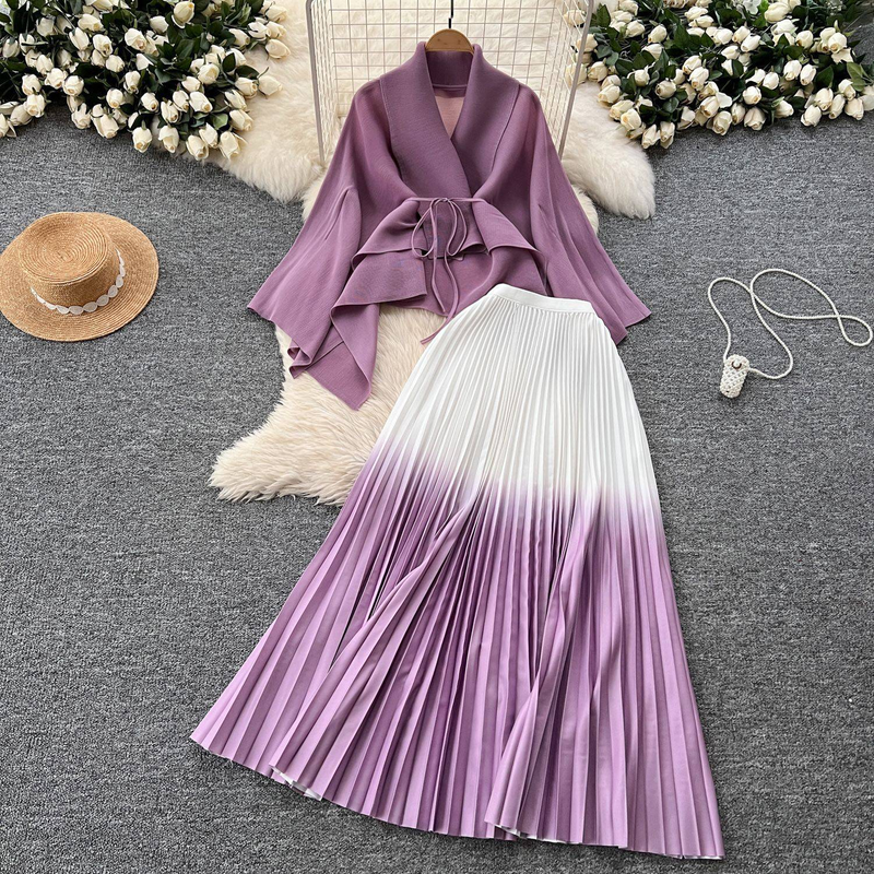 Ruffled Butterfly Sleeve Gradient Tie Cape Short Coat Top + Gradient Pleated Skirt Two-piece Suit_autovado.com