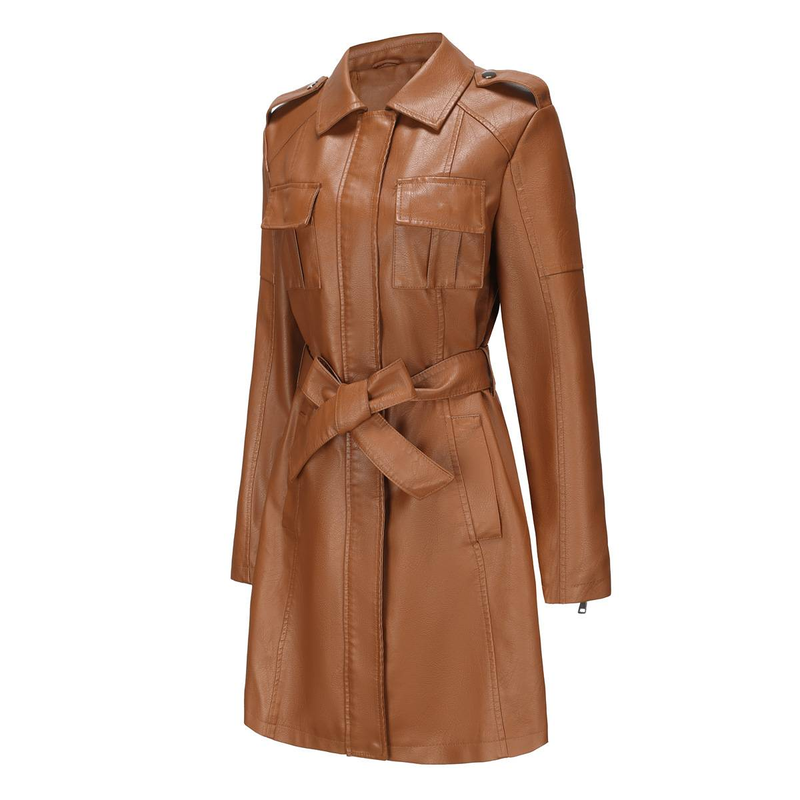 New mid-length leather coat with belt long-sleeved leather trench coat fashionable coat woman_autovado.com