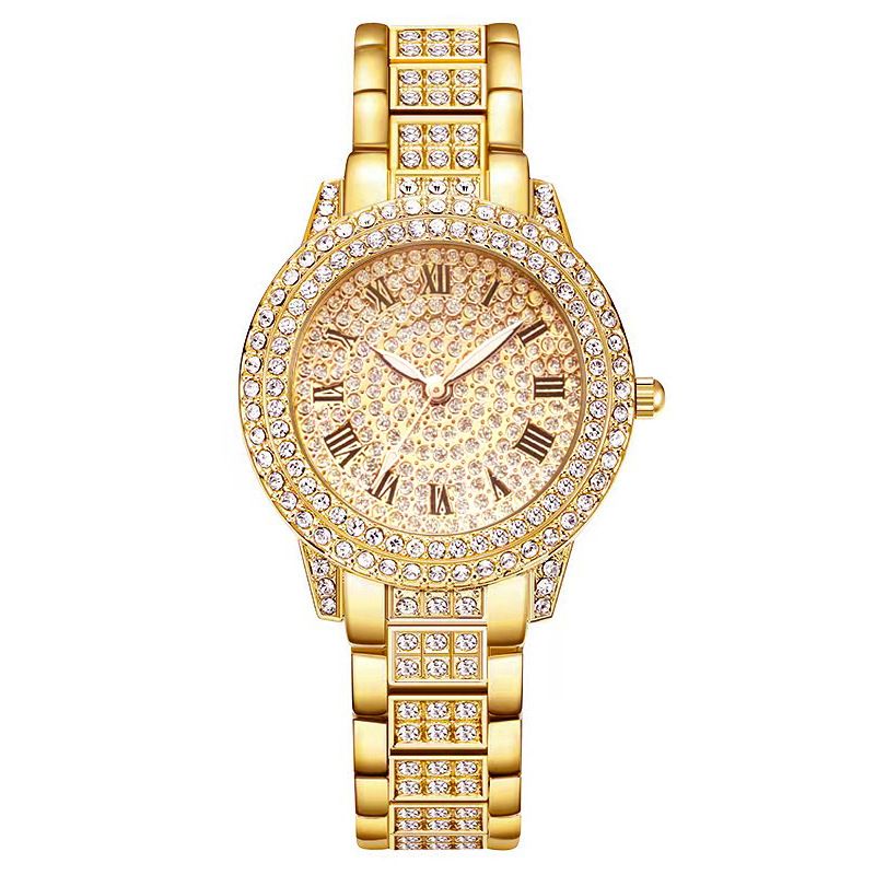 Electronic watches women's niche high-end diamond quartz watch student rose gold Roman pattern full of diamond women's watch_autovado.com