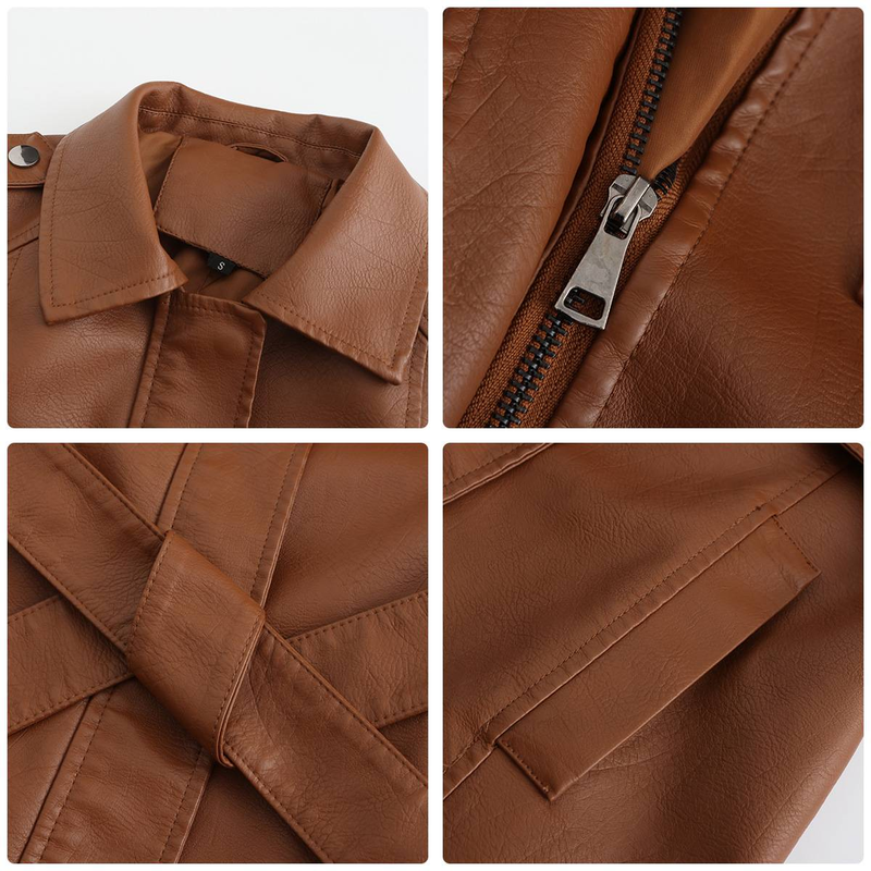 New mid-length leather coat with belt long-sleeved leather trench coat fashionable coat woman_autovado.com