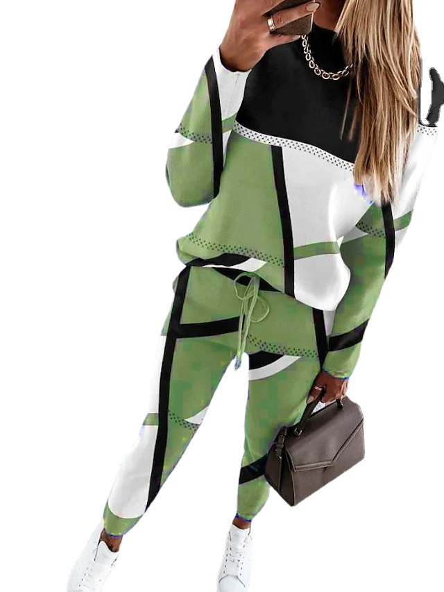 Autumn and winter new women's fashion color matching printed long-sleeved casual women's suit_autovado.com