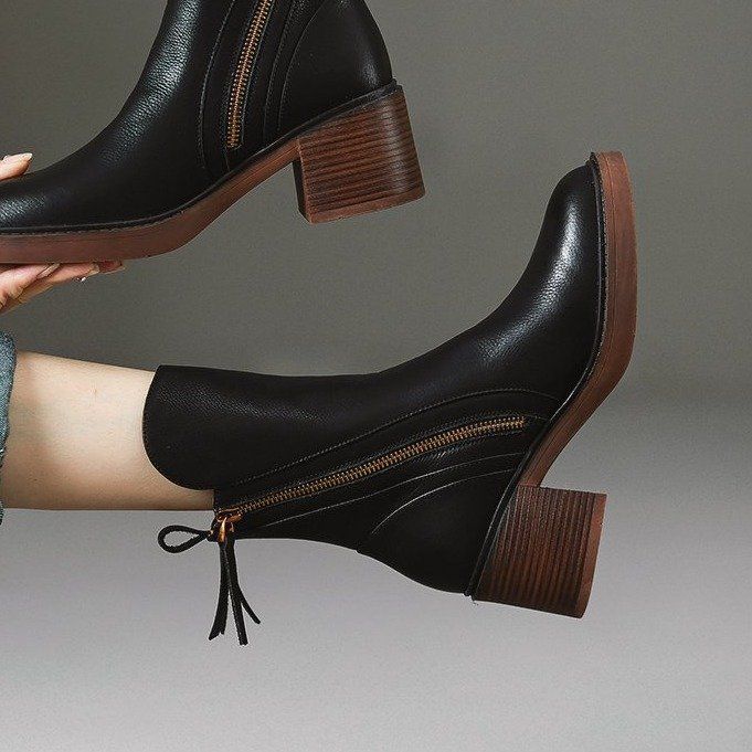 Vintage wind tube side zipper Martin boots new chunky heel fashion trend women's boots_autovado.com