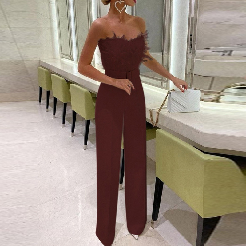 Women's feather patchwork sexy strapless fashion dress wide leg jumpsuit_autovado.com