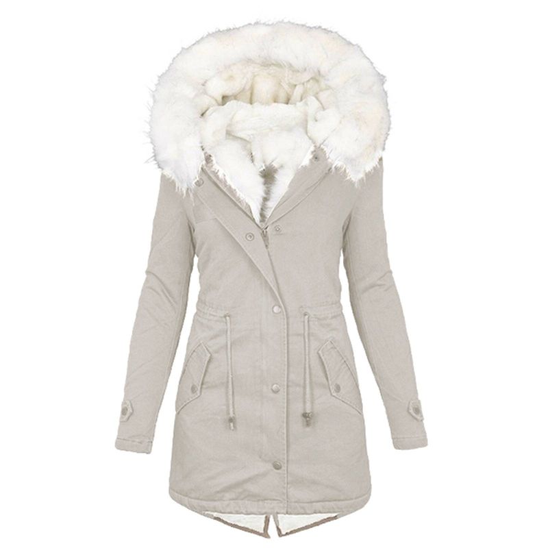 Women's Clothing Women's Autumn And Winter Mid Length Windbreaker White Fur Collar Hooded Warm Plus Velvet Women's Coat_autovado.com