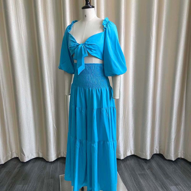 Women's Clothing women's summer fashion casual street suit pleated sexy solid color foreign trade two piece suit_autovado.com