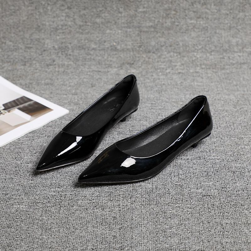 Spring new commuter style pointed head medium low heel single shoes women's thin heel patent leather work shoes women's black_autovado.com