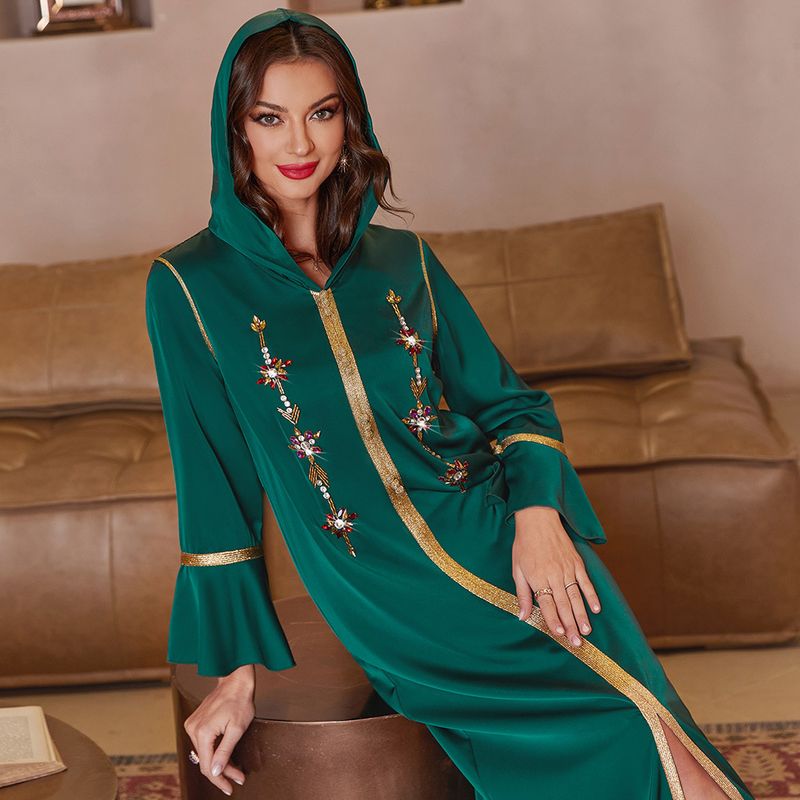 A815 dark green trumpet sleeves front slit walnut satin robe Dubai party banquet dress_autovado.com