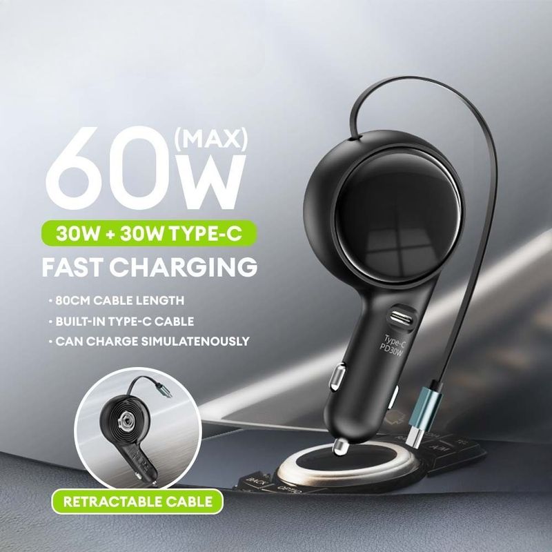 In Car 60W Type C Fast Charger With Retractable Cable_autovado.com