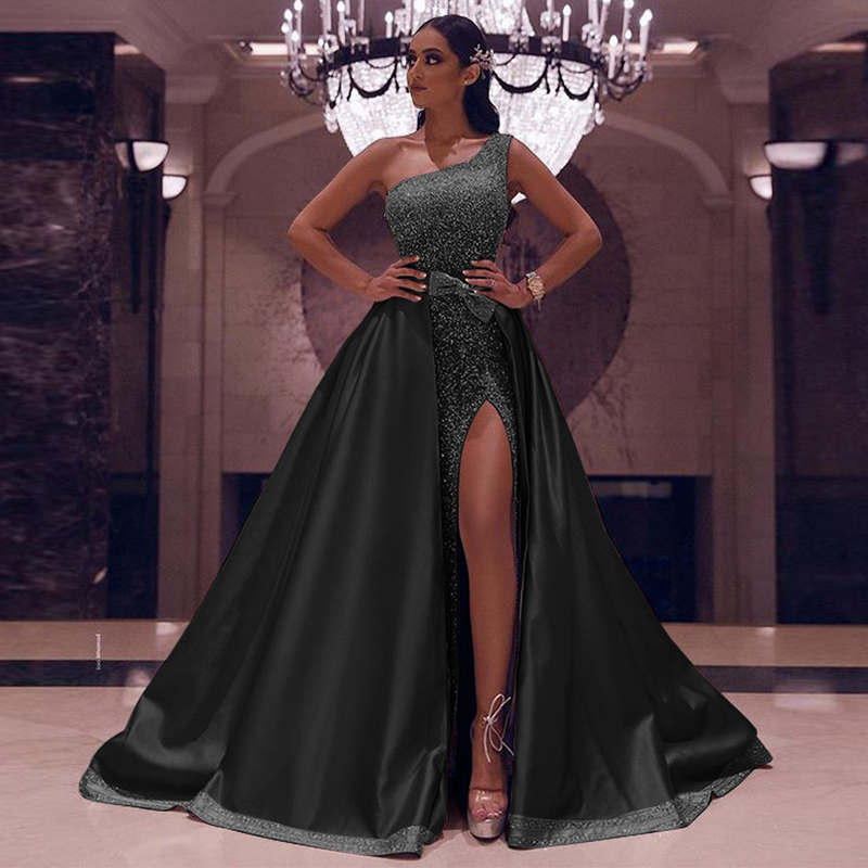 Women's clothing trade popular one-shoulder sequined floor-length long skirt evening dress_autovado.com