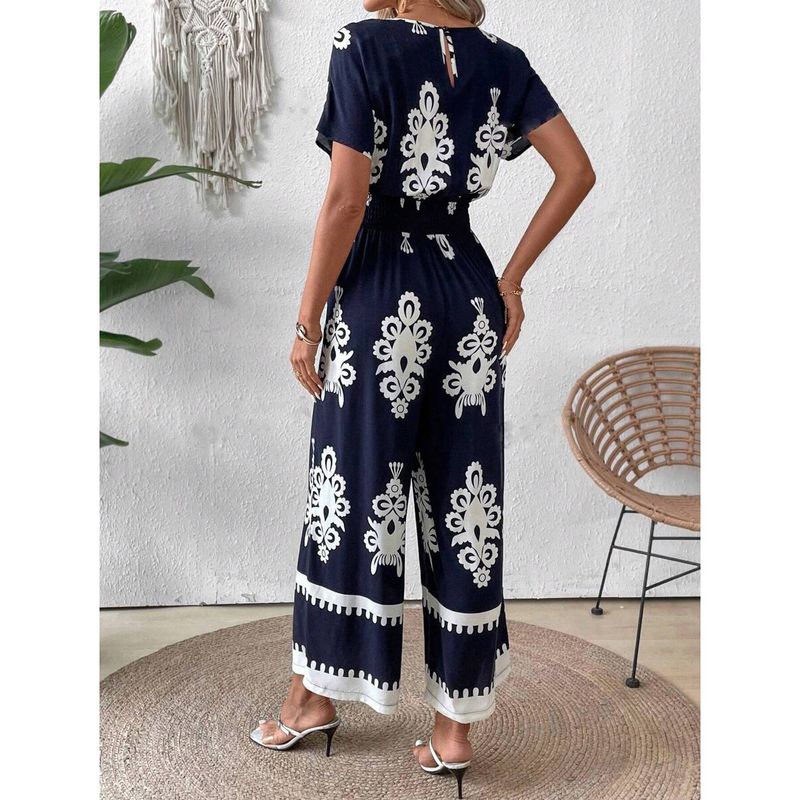 Women's V-neck bat sleeve waist jumpsuit_autovado.com