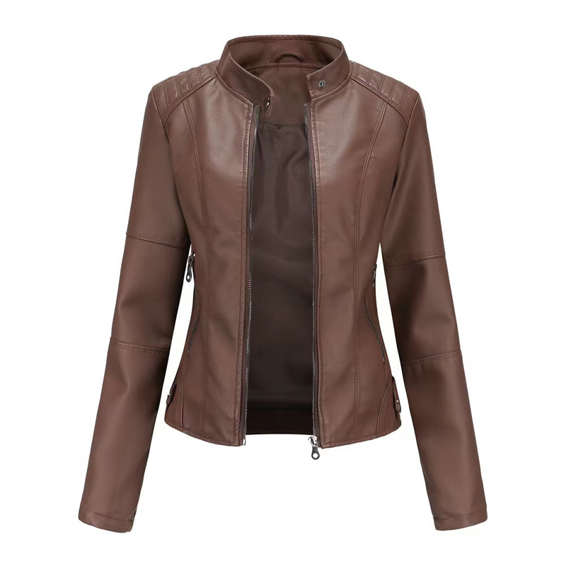 Women's Clothing slim motorcycle thin spring and autumn large size stand collar leather jackets_autovado.com