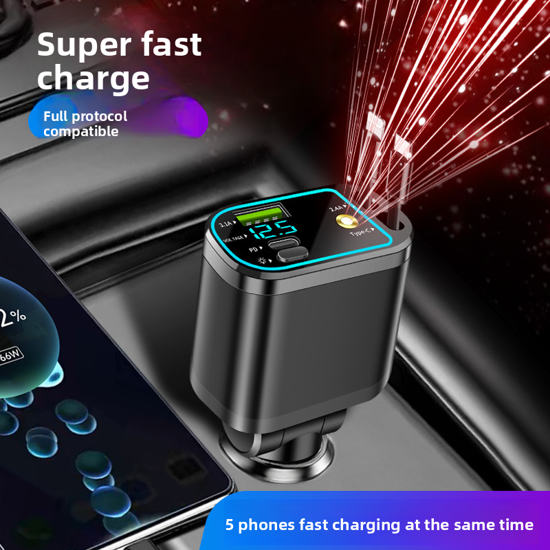Digital Display Retractable Cable Charger PD Car Super Fast Charging Five-in-One Cigarette Lighter Cross-Border_autovado.com