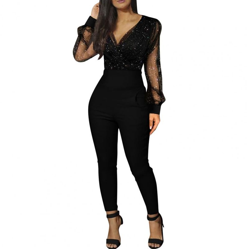 Women's Clothing new solid color V neck mesh slim long sleeved jumpsuit trousers large stock_autovado.com