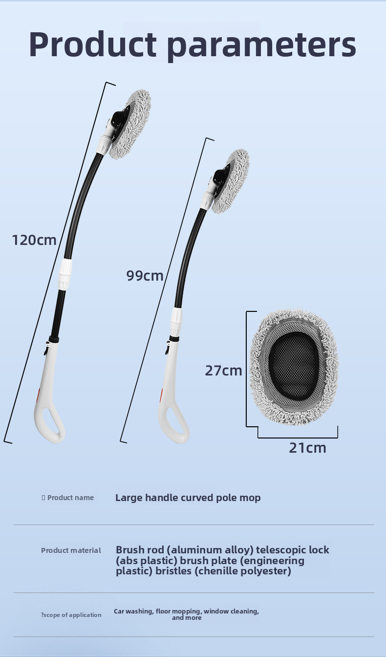 Wash Mop With Large Handle, Curved Rod, Labor-saving, Extendable, Detachable, Car Brush, Automotive Cleaning Tool_autovado.com