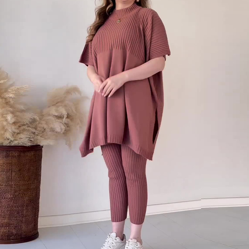 Women's Clothing new autumn round neck bat shirt large size loose sweater casual two piece set_autovado.com