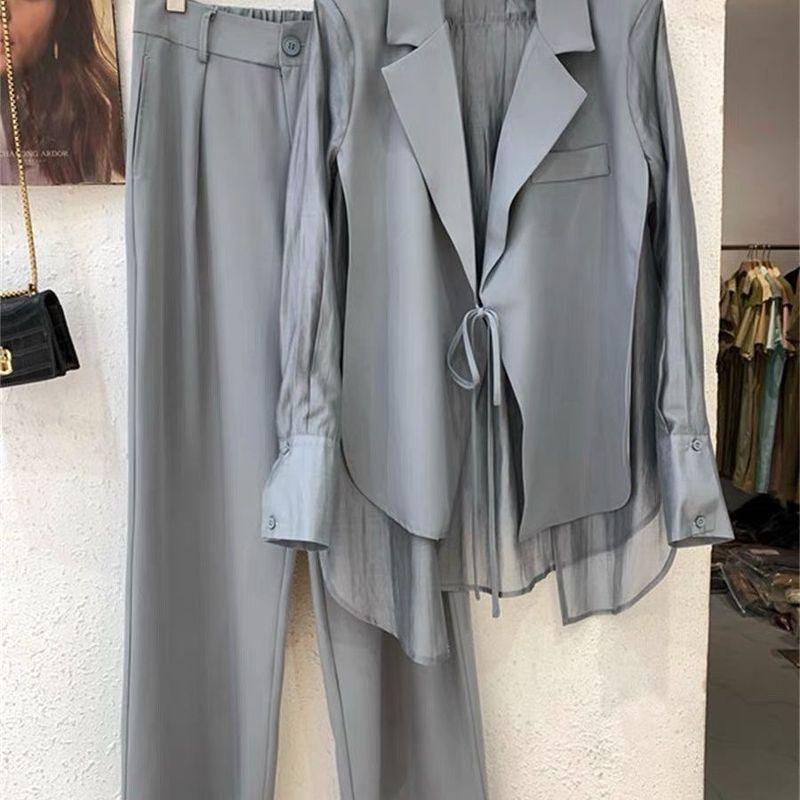 Women's Clothing High grade sun proof suit in summer chiffon splicing two piece jacket, high waist wide leg trousers, two piece suit_autovado.com