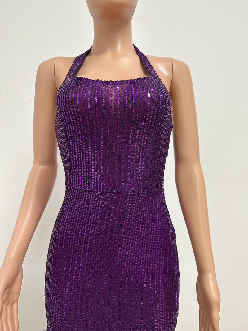 Women's slit sleeveless hot girl dress female halter neck backless sequin dress skirt_autovado.com