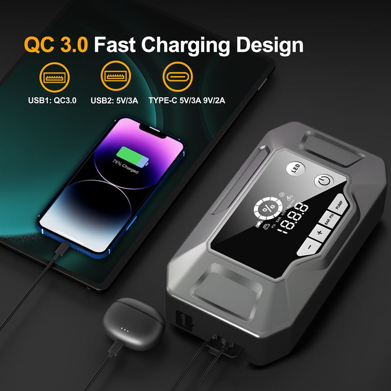 Jump Starter And Tire Inflator, 26000 MAh, Rechargeable USB Emergency Battery Booster With Air Compressor, Multiple_autovado.com