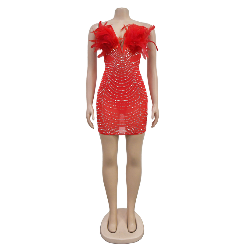 Women's Solid Color Mesh Rhinestone Feather Skirt Dress_autovado.com