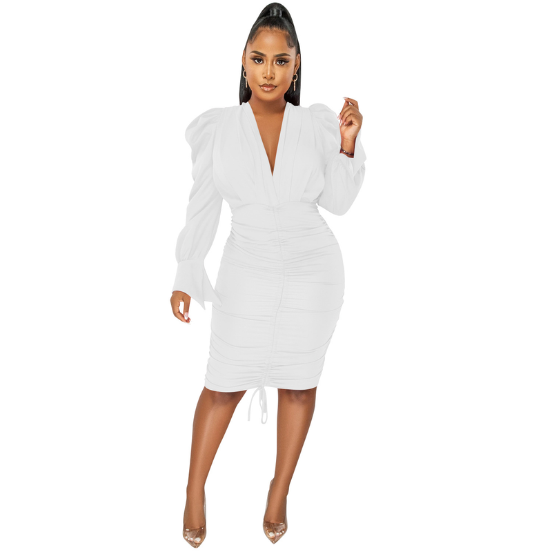 Women's Clothing fashion casual solid color long-sleeved pleated V-neck dress for women_autovado.com