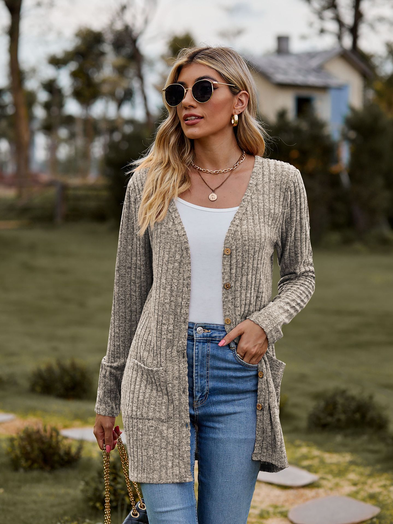 New women's clothing women's brushed pit strip solid color long-sleeved women's cardigan jacket_autovado.com