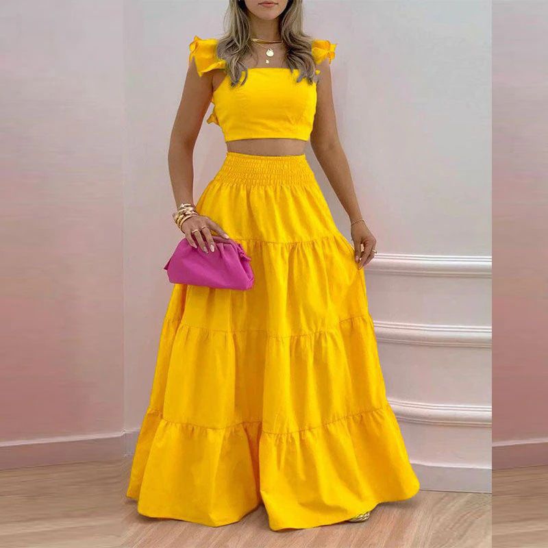Women's Solid Color Mid-Waist Two Piece Set Sexy Strap Trendy Dress Spring/Summer Casual Ankle-Length Straight Skirt_autovado.com