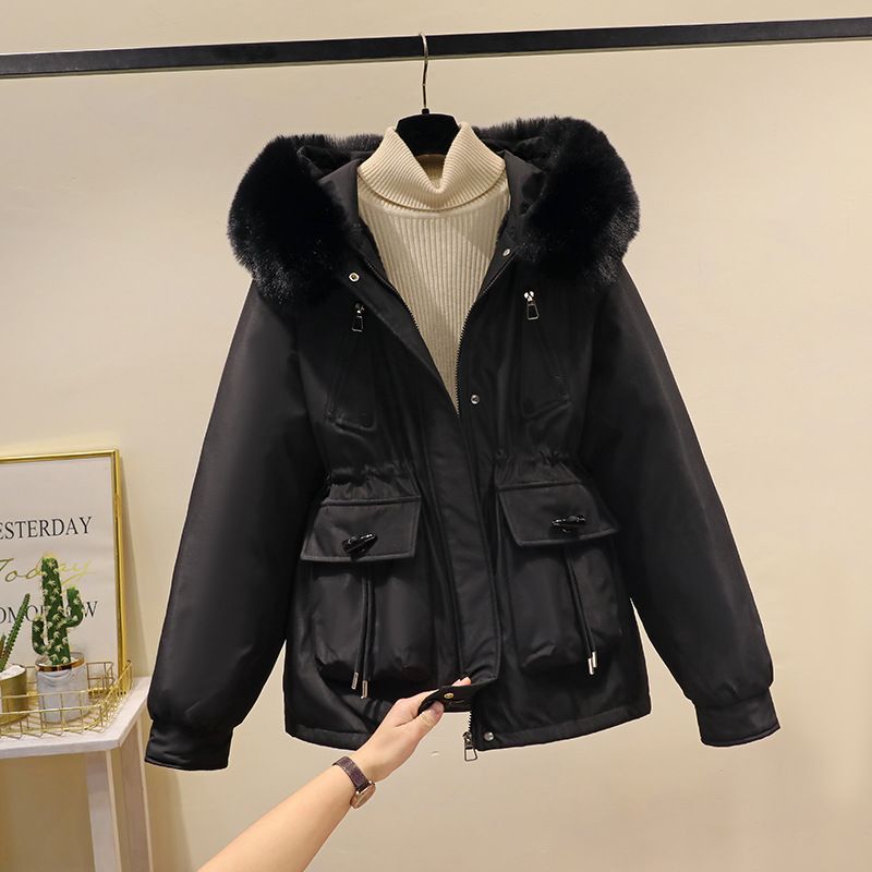 Women's Clothing Horn button parka women's autumn and winter new slim down cotton jacket fashionable plus velvet thick fur coat_autovado.com