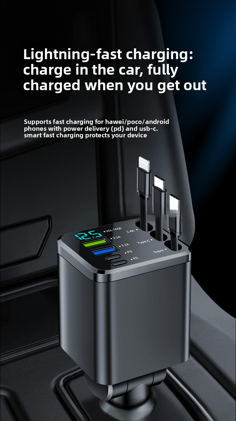 Digital Display Retractable Cable Charger PD Car Super Fast Charging Five-in-One Cigarette Lighter Cross-Border_autovado.com