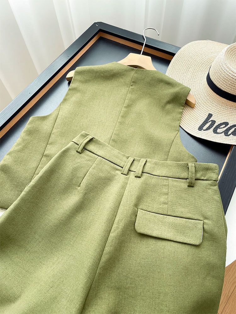 Women's Clothing Sleeveless V-neck Sleeveless Button Suit Short Vest Shorts Suit _autovado.com