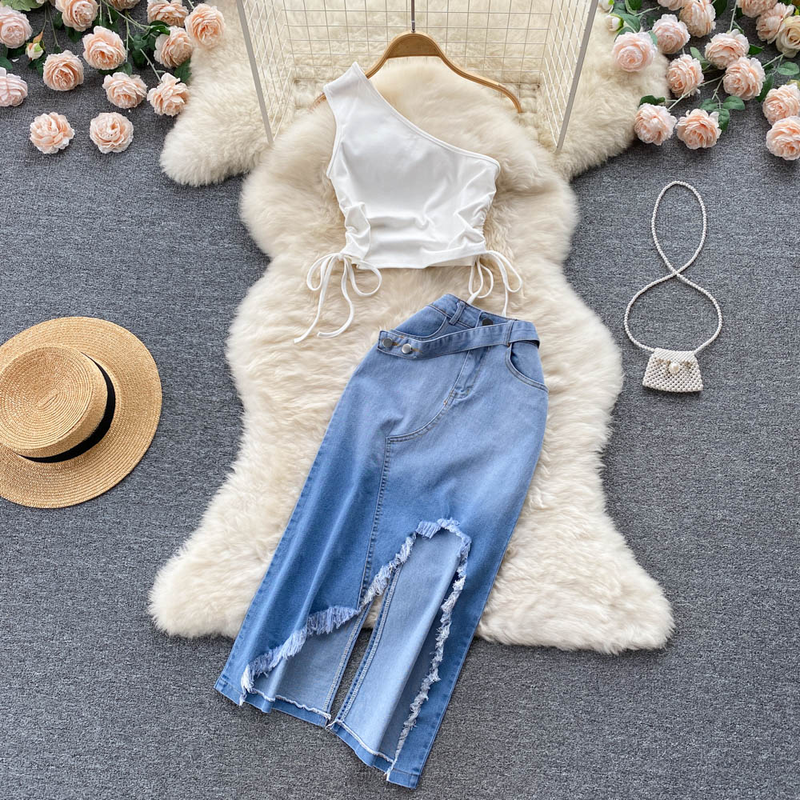 Women's Smocked Strappy Shoulder Vest Irregular Raw Edge Slit Denim Skirt Two-piece Set_autovado.com
