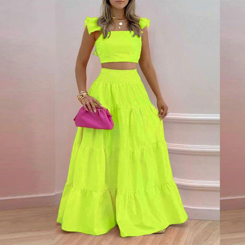 Women's Solid Color Mid-Waist Two Piece Set Sexy Strap Trendy Dress Spring/Summer Casual Ankle-Length Straight Skirt_autovado.com