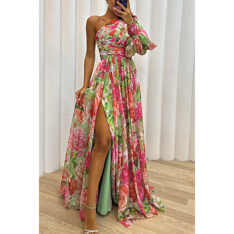 Women's party new casual slit dress INS loose multi-color slant shoulder dress_autovado.com