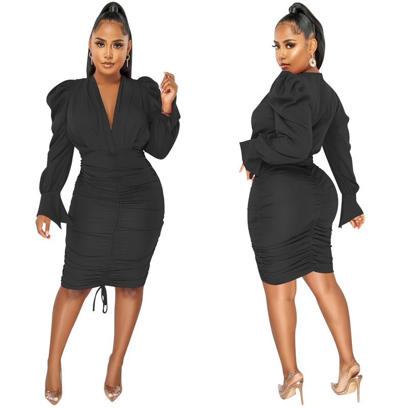 Women's Clothing fashion casual solid color long-sleeved pleated V-neck dress for women_autovado.com