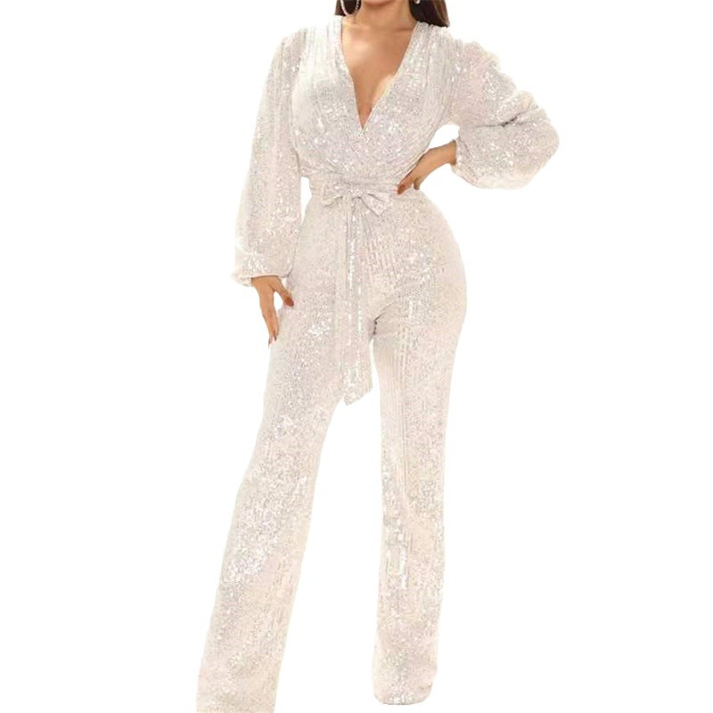 Women's sequined jumpsuits, sexy V-neck wide-leg trousers_autovado.com