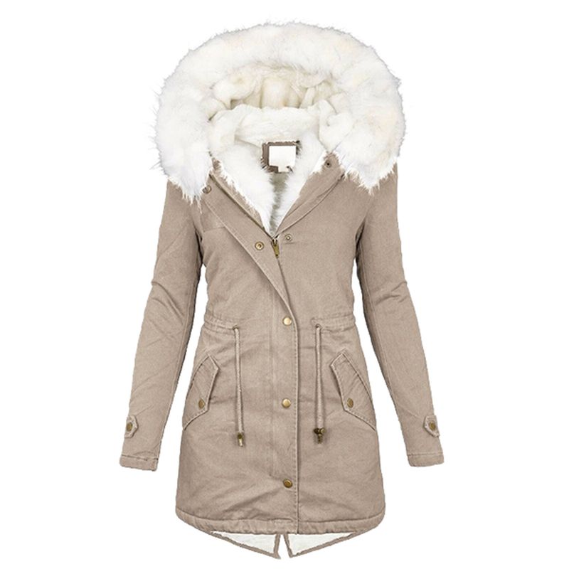 Women's Clothing Women's Autumn And Winter Mid Length Windbreaker White Fur Collar Hooded Warm Plus Velvet Women's Coat_autovado.com