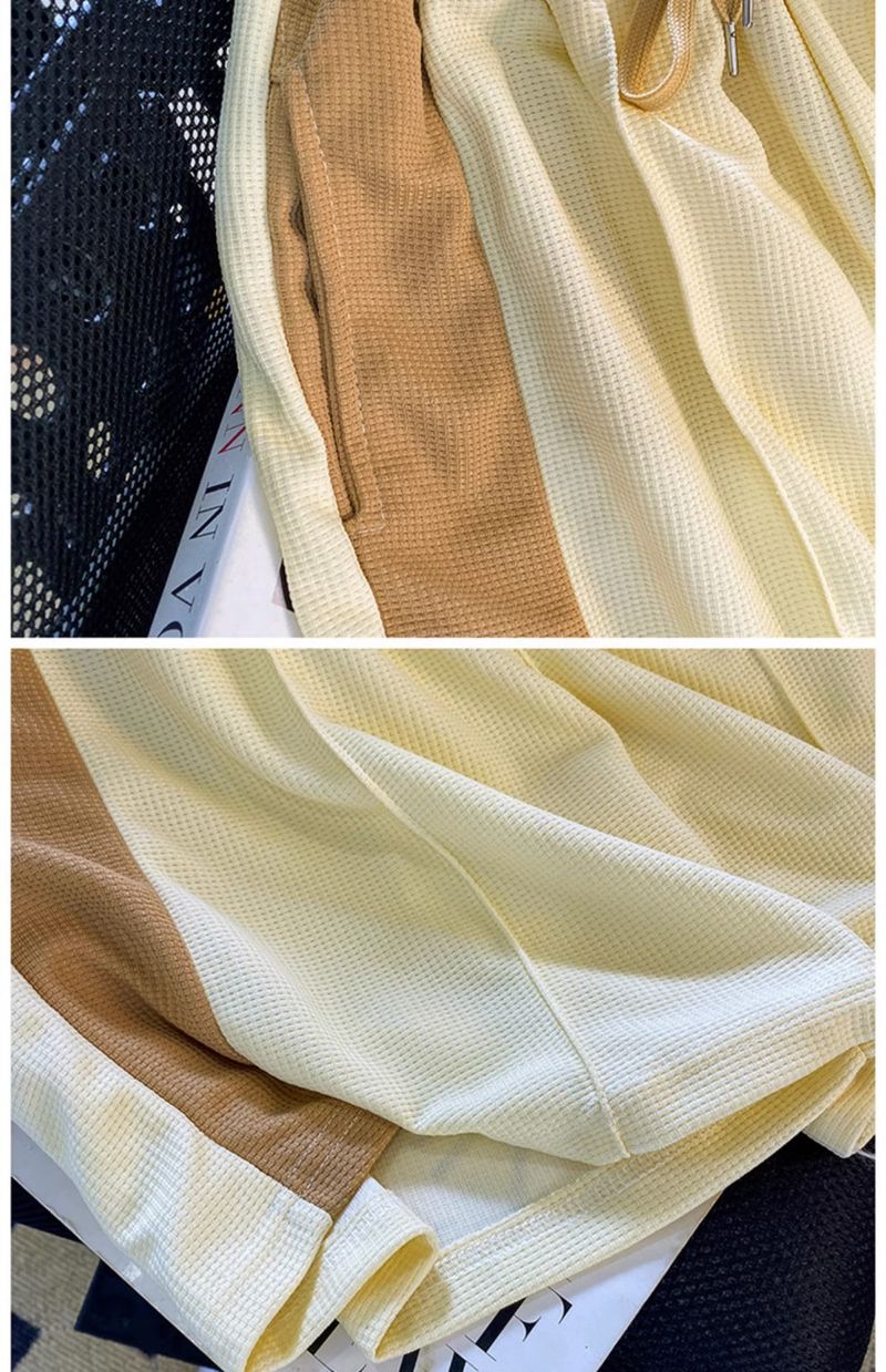 Men's Clothing Waffle sports suit summer men's clothing color matching lapel short sleeved T shirt set with handsome casual shorts_autovado.com