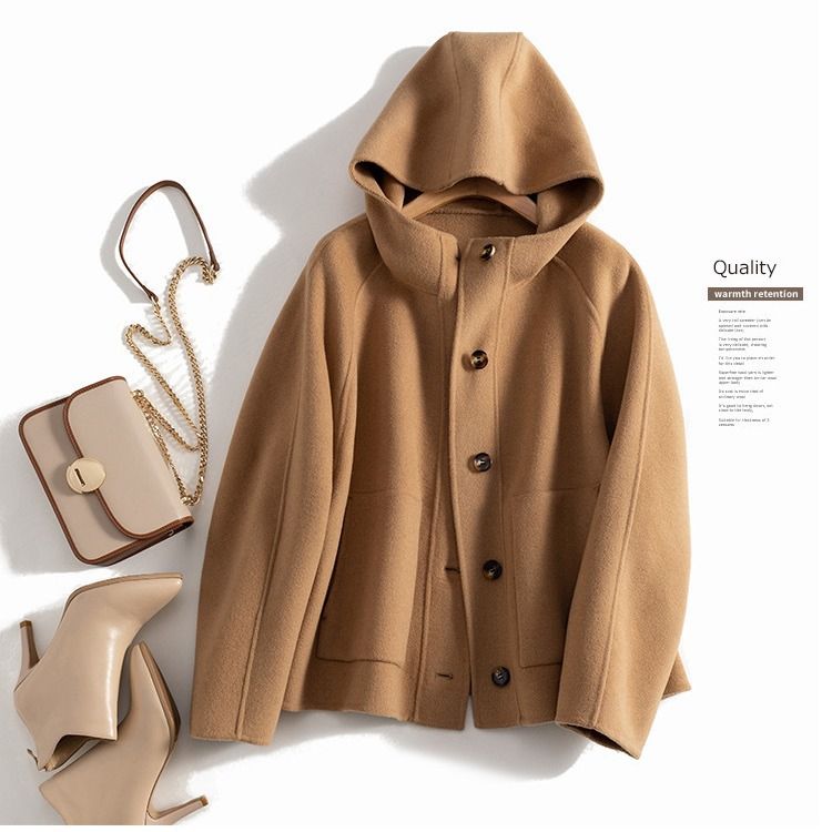 Women's Clothing quality double sided wool coat with hood and short button for women_autovado.com