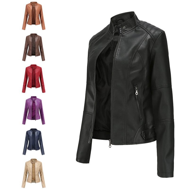 Women's slim jacket Jacket Women's biker jacket large size standing collar leather jacket_autovado.com